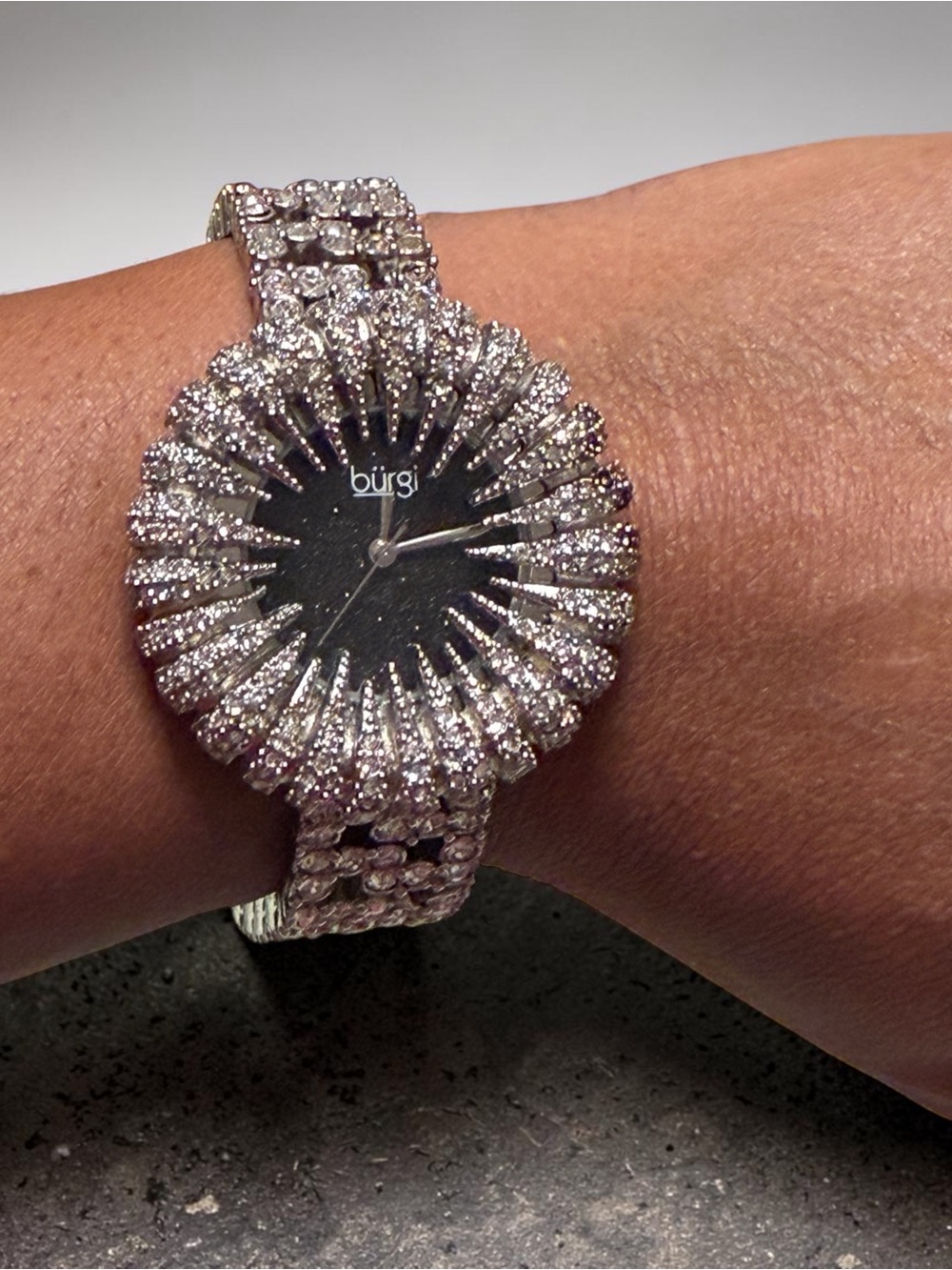 Burgi Silver Crystal Sunburst Women's Stainless Steel Bracelet Watch